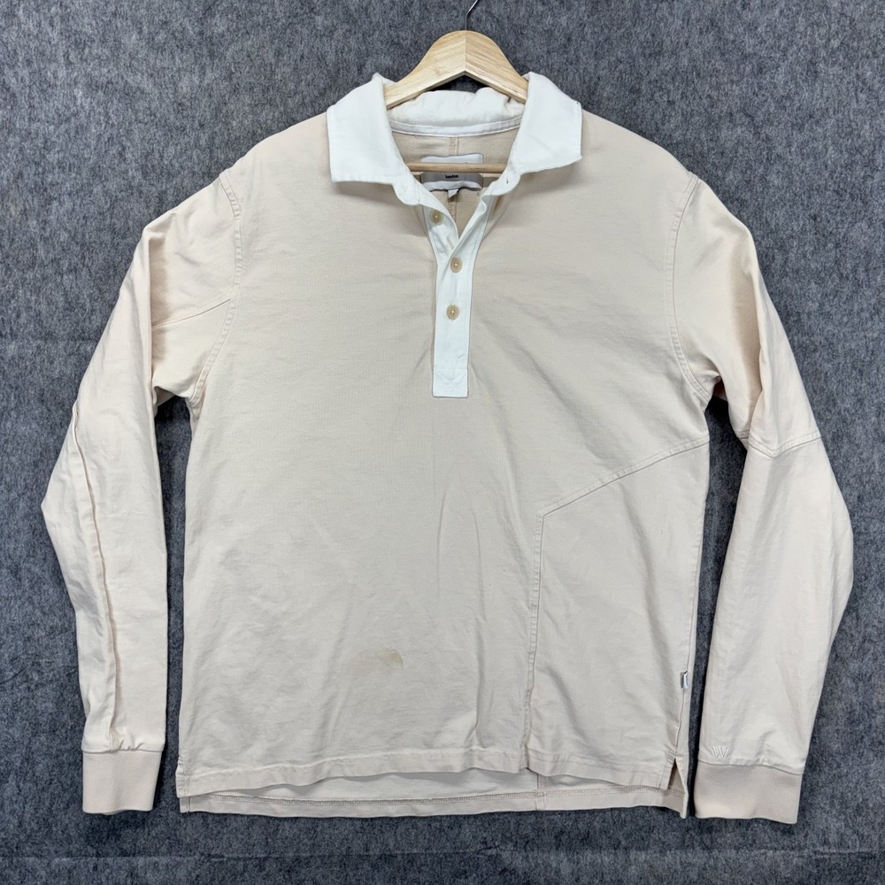 Wax London Long Sleeve Henley Shirt Men's Small Beige Cotton Rugby
